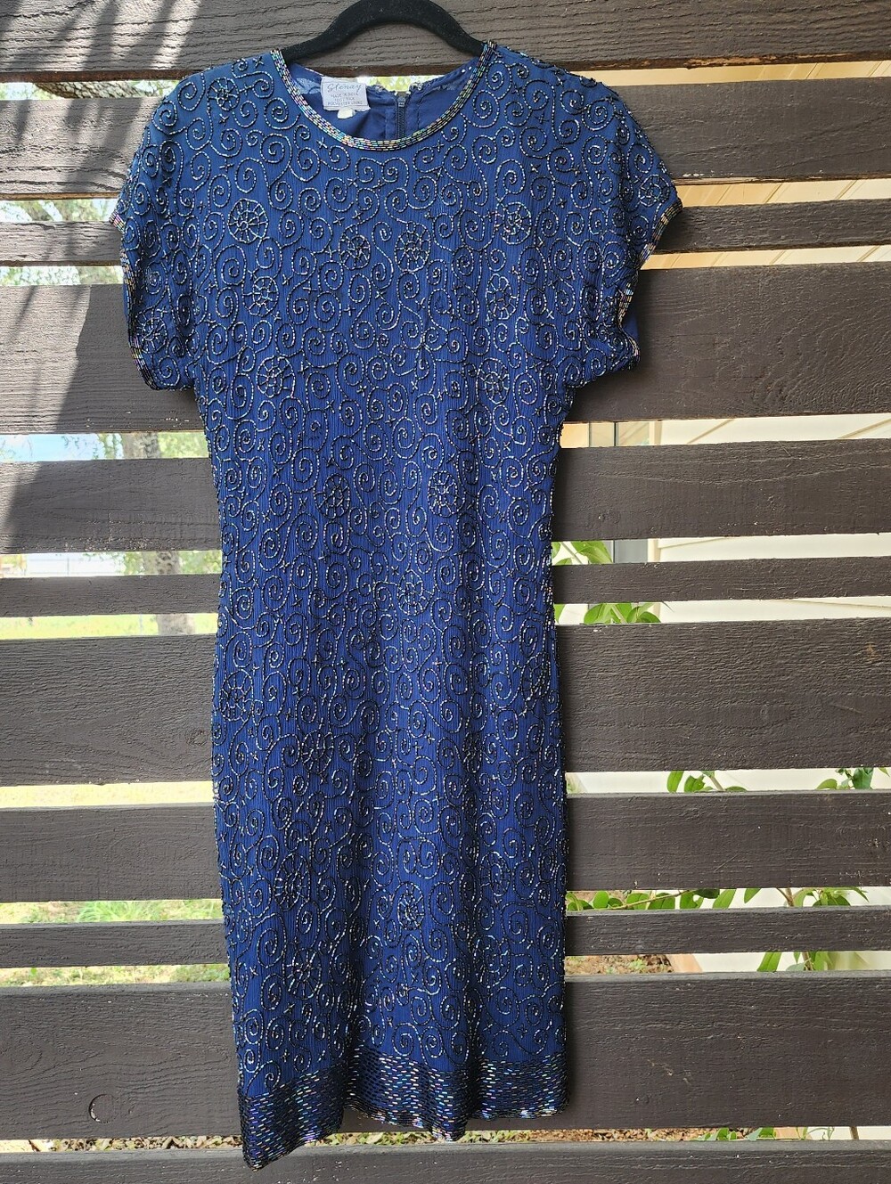 Vintage Navy Beaded Evening Dress Silk Midi Knee Length Sheath Tailored